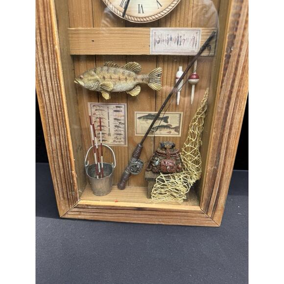 Vintage Fishing Shadowbox and Wall Clock Man Cave Decor Log Cabin Works - Picture 3 of 7